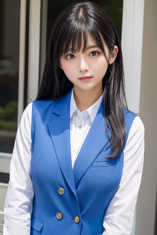 A beautiful girl、uniform、White shirt、long cut ,シニヨン、Blue Blazer、Beautiful black hair、high resolution、Upper Body、biggest breast ever