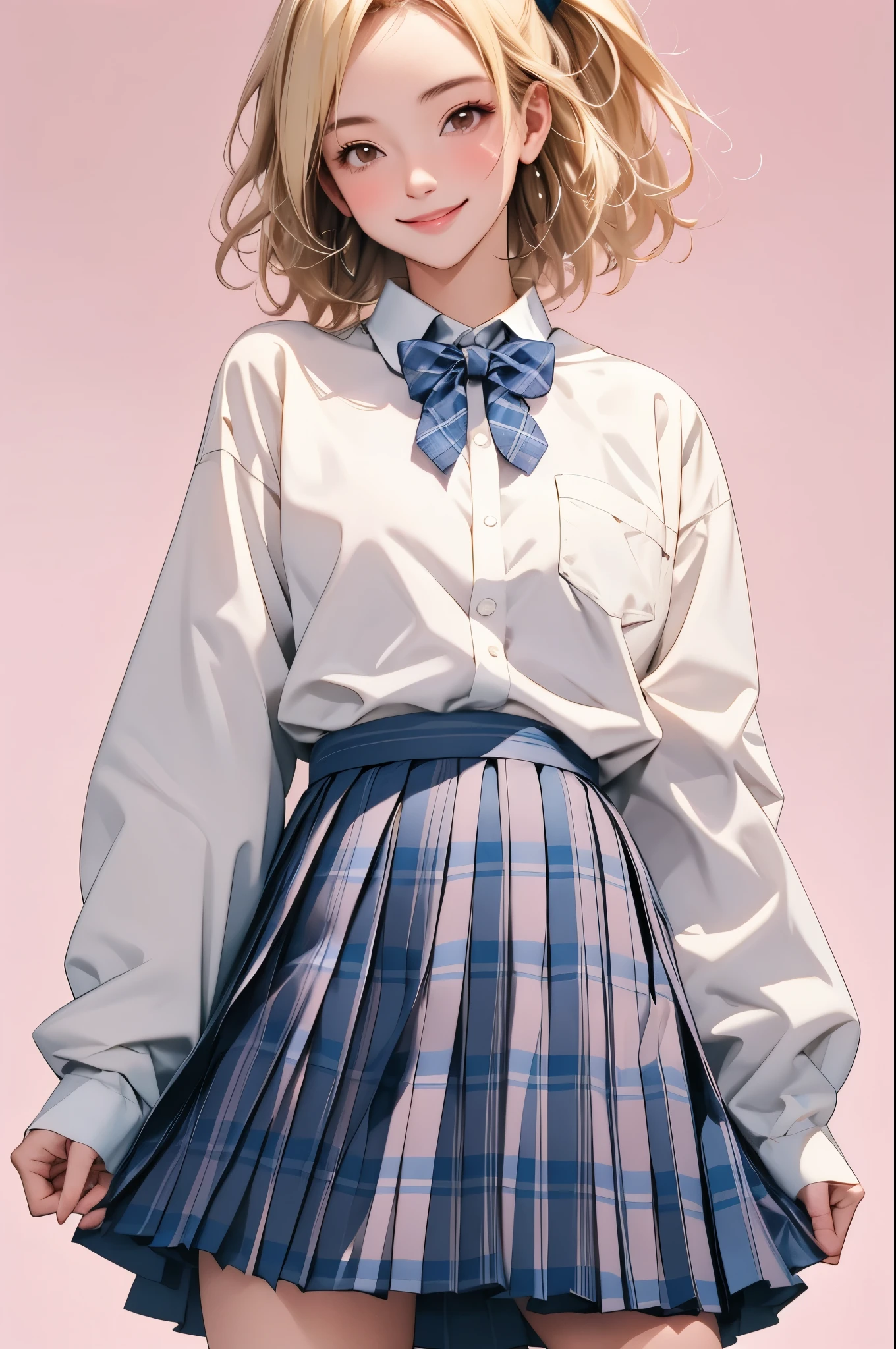 high resolution,smile,happy,light smile,woman,woman1人,adult,Clear,cute,
Blonde Hair,BREAK, Brown eyes,BREAK,
high school girl,uniform,White Y-shirt,Long sleeve Y-shirt,BREAK,
Dark blue plaid skirt,Pleated skirt,BREAK,hairpin,
Facing forward,BREAK,Pink background,