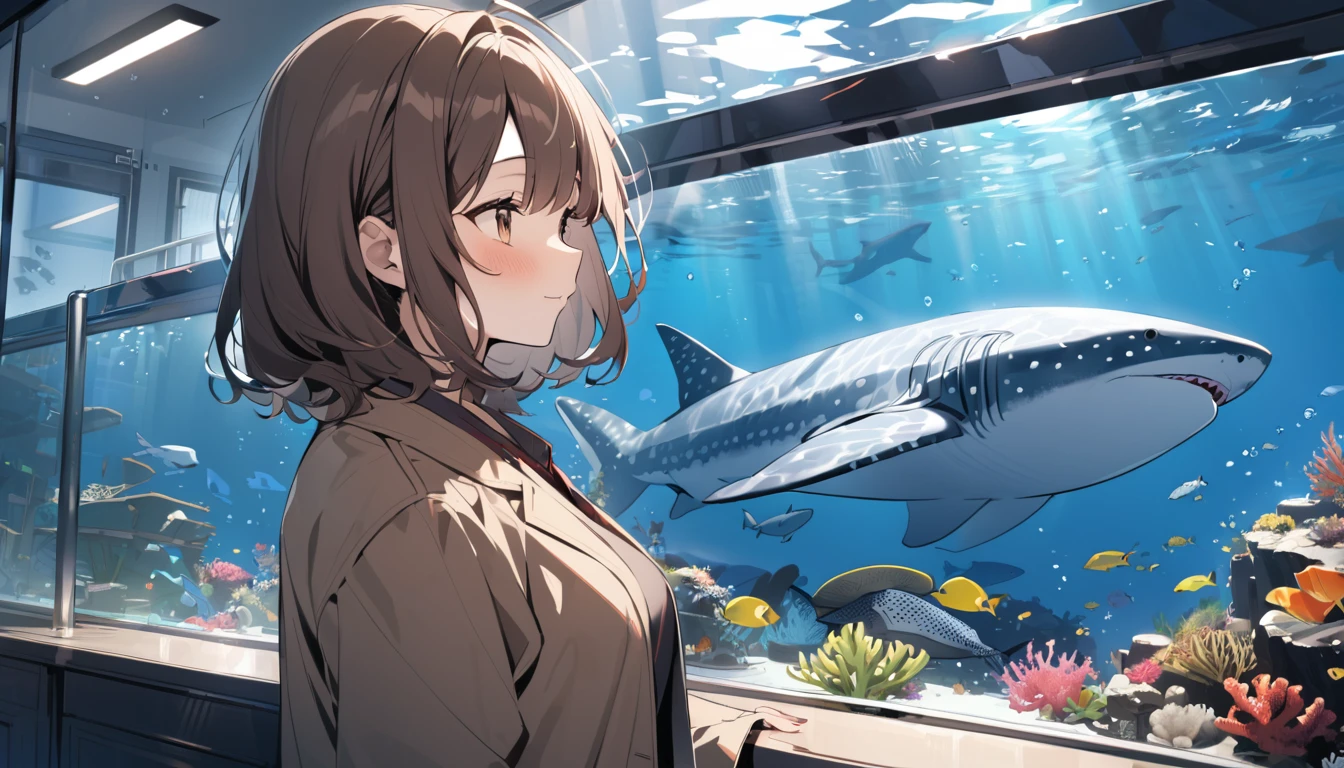 A girl with wavy brown bob hair wearing a dark beige coat. A large aquarium tank. whale shark, coral reef