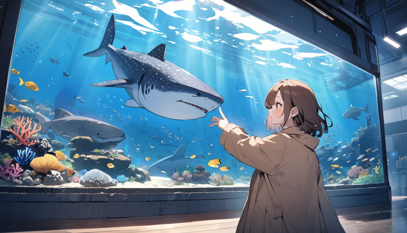A girl with wavy brown bob hair wearing a dark beige coat. A large aquarium tank. whale shark, coral reef