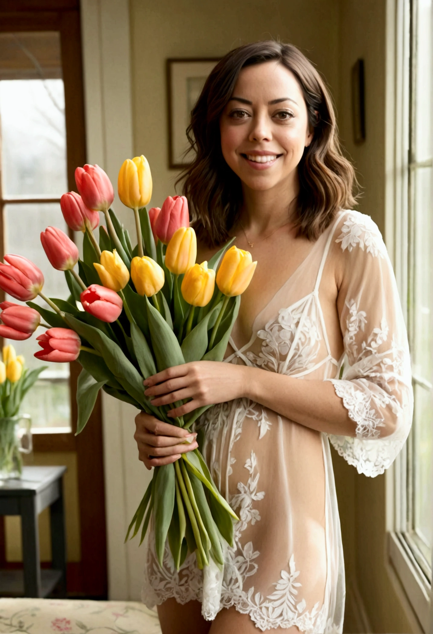 Aubrey Plaza, age 25, sheer negligee, no underwear, holding a bouquet of tulips, she is happy, sunroom early morning