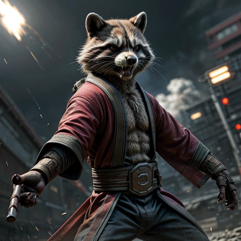 mcu, rocket raccoon, raccoon, male, skinny, buldge, detailed fur, red kimono, japan, katana, intricate, (high detail), moody lighting, Angry/ferocious expression, Action pose, film photography, realistic, masterpiece, best quality, ultra realistic, 8k