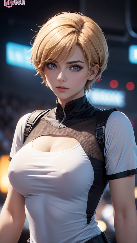 best quality, Ultra-high resolution, (Reality: 1.4), beautiful Eyes, Super beautiful, Very short hair, beautiful, Honey, Big chest T-shirt, beautiful Soldier, Attract the audience's eyes, lover's perspective, Invitation to express, Sexy smile, Perfect style, Perfect balance, Delicate skin, Naughty eyes, Visible chest