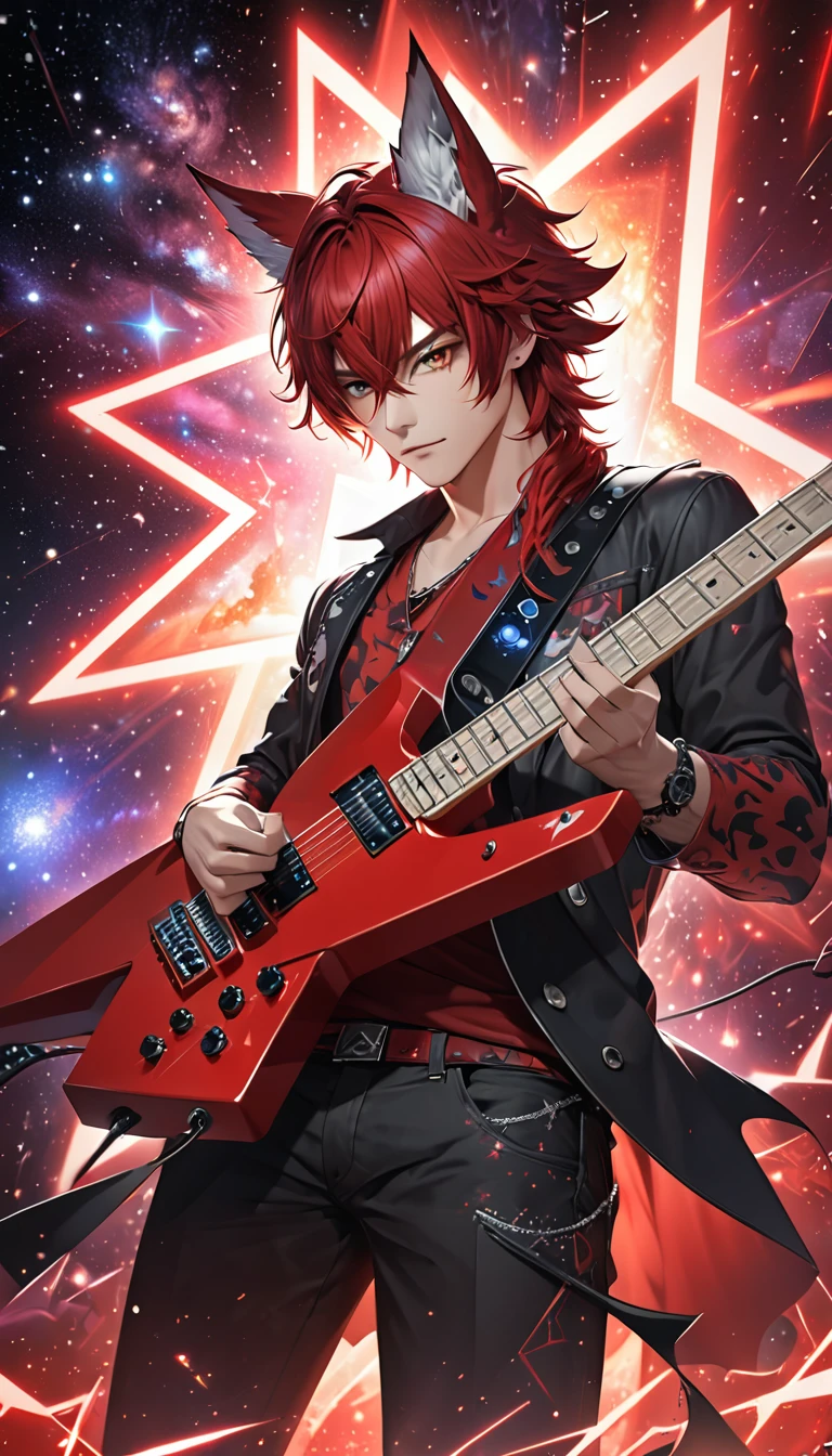cool and handsome male demon with red as a base, red messy wolf cut, playing a star-shaped deformed electric guitar, background galaxy, octagram, shading effects, gradation magic effects, (ultra detailed, absolutely resolution, best quality:1.3), 2.5D, delicate and dynamic, artistic photography, hyper realistic, graphic CG digital art