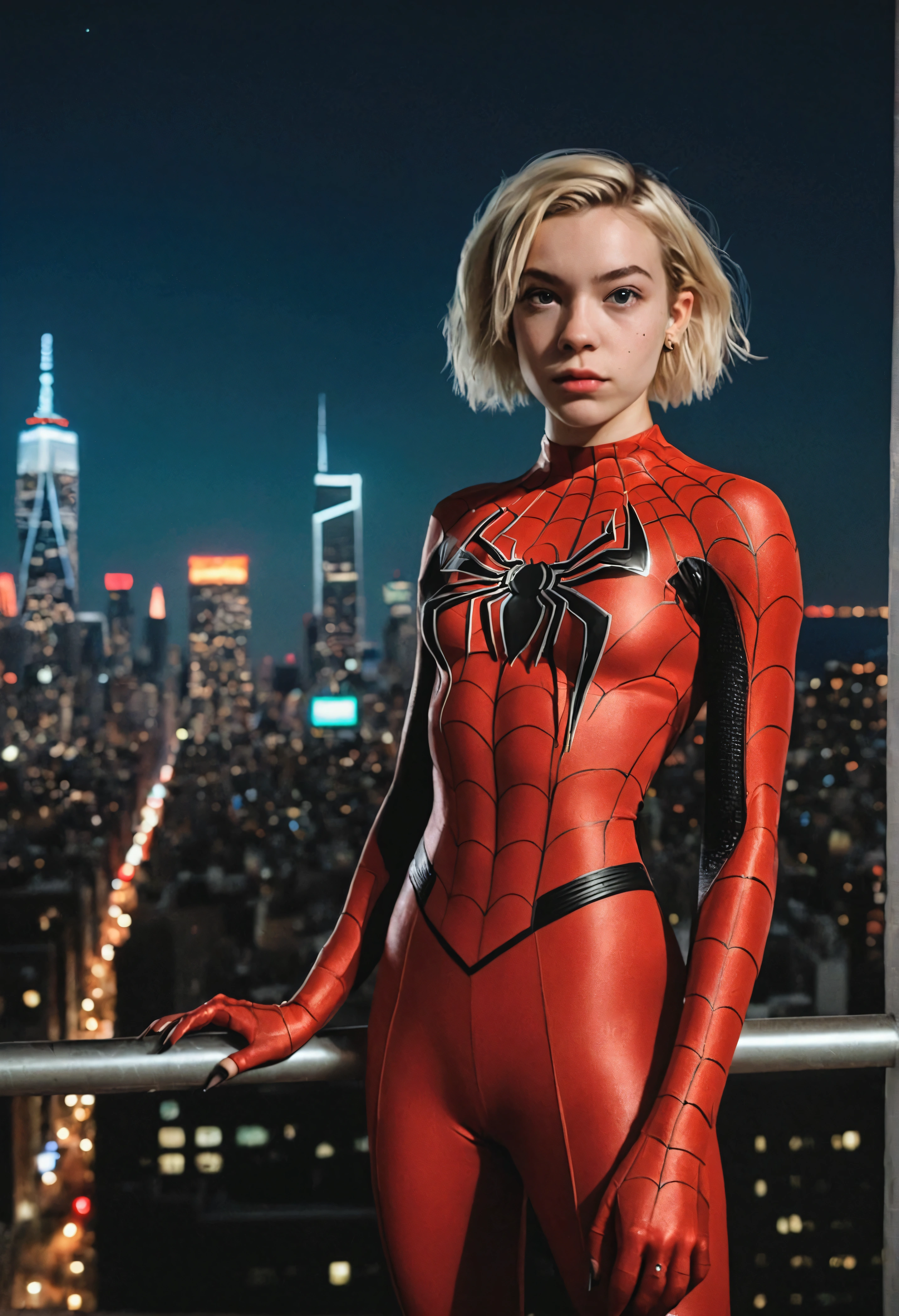 analog film photo, photo of Spider-Woman from Into the Spider-Verse, teenage female, blonde punk undercut, freckled complexion, blue eyes, eyebrow piercing, nose stud, tall, slender hourglass figure, athletic, toned, long legs, shapely thighs, plump booty, resembles Hailee Steinfeld, posing above the Manhattan skyline, nighttime, RAW Photograph, dslr, soft lighting, high quality, film grain, Fujifilm XT3, detailed skin with visible pores, insane details, masterpiece, 8k, 35mm photograph, dslr, kodachrome, faded film, desaturated, grainy, vintage, Lomography, stained, highly detailed, found footage, close-up shot 