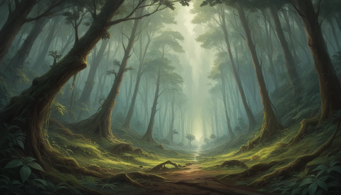 A woman walks through a forest, guided by a glowing mist. The forest turns into a maze of branches and roots, symbolizing the subconscious mind. cinemátic, photography, realisitic.