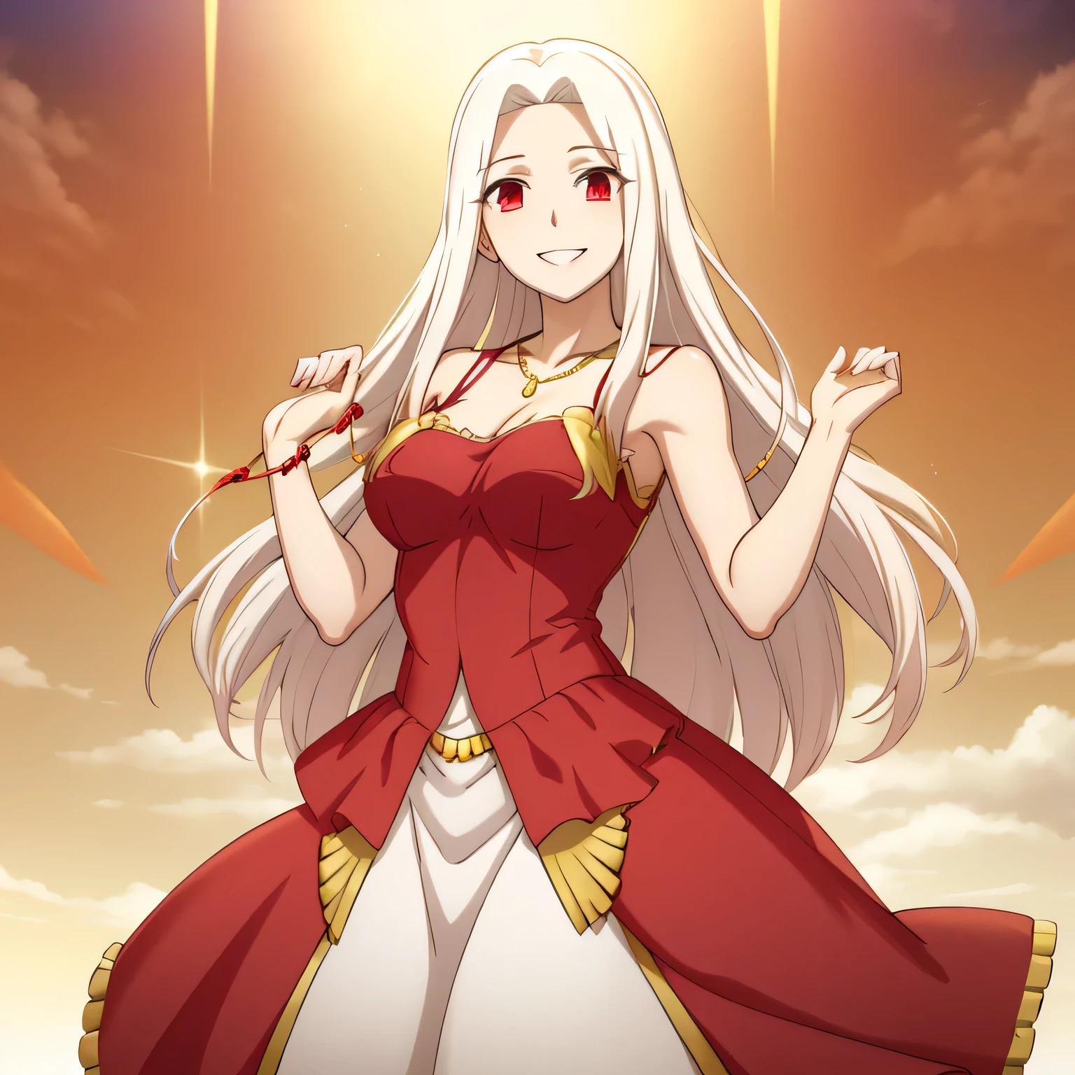 Irisviel,red with golden dress sleeveless,solo,looking at viewer,beautiful smile,arm at side,middle size of breast,beautiful necklace,hands up with smile, 