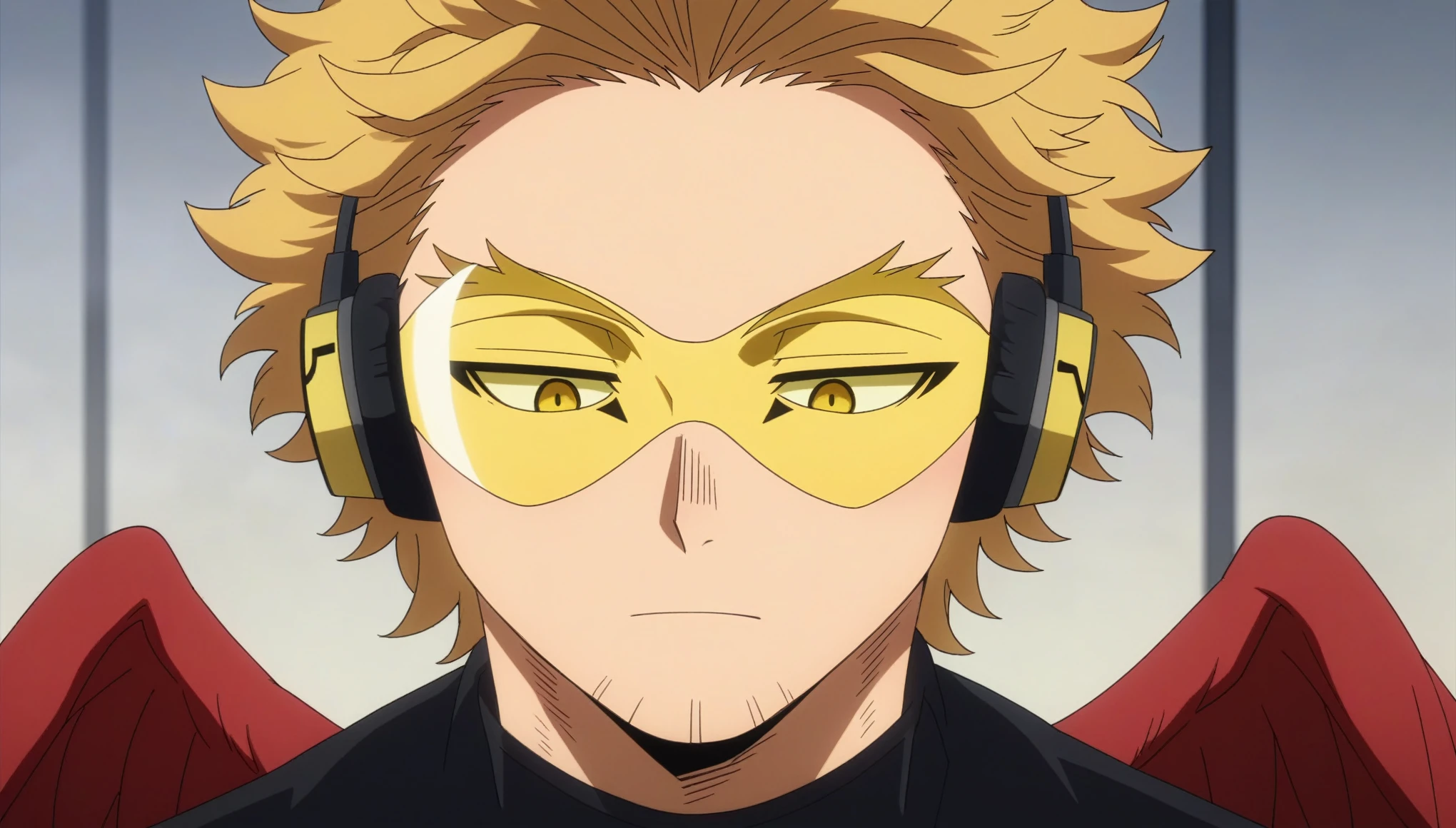 score_9, score_8_up, score_7_up, source_anime, rating_safe, intricate details, anime screencap, anime coloring, official style, , , 1boy, solo, male focus, keigo_takami, blonde hair, yellow eyes, medium hair, stubble, wings, feathered wings, red wings, tinted eyewear, headphones, facial mark, ,half lidded eyes,breath bubble,blush,looking down
