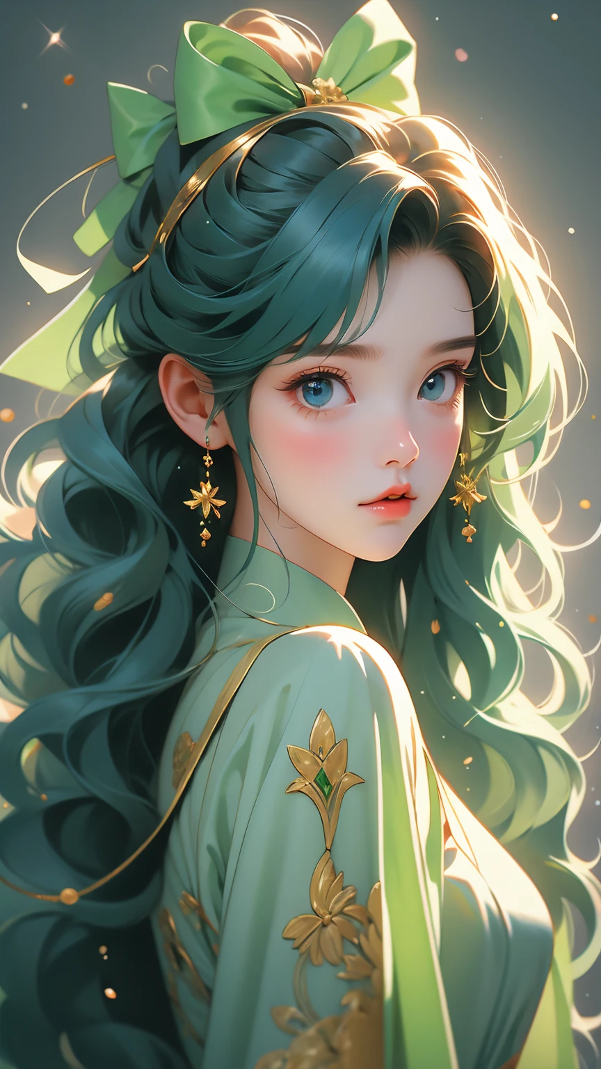 Girl with bow on her head and small bow, 1girl, single,  hair, bow, transparent, (masterpiece), (realistic), (best quality), (highly detailed), amazing, girl, 18 years old,  hair, long hair, parted bangs, bow on head, golden bow, medium breasts, thin strand of hair, beautiful eyes,  eyes, masterpiece, (best quality), (highly detailed), beautiful, cute, 8K, official wallpaper,HoloDayo XL,maomao,1girl,blunt bangs,green hair,long hair,blue eyes,solo,