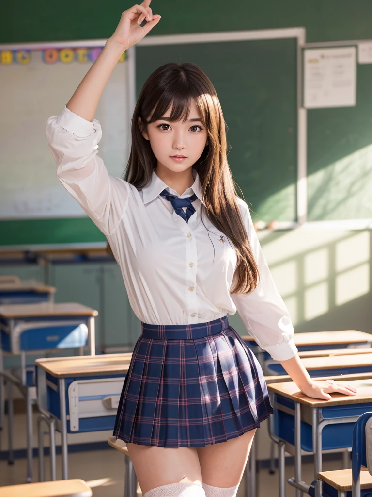 masterpiece,Highest quality,Very detailed,High resolution,(Realistic, photoRealistic:1.37),Excellent anatomy, One beautiful woman,20-year-old,height: 152 cm,high school girl,Crying a little,Idol Sculpture, high school girlの,blazer,(shape),Checkered Pleated Micro Mini Skirt,Navy blue knee-high socks,garter belt,Huge,Disheveled uniform,((Very delicate and beautiful)),((High school classroom:1.5)),((locker room:1.2)),((Schoolyard:1.2)),Brown Hair,Long Bob Hair,bangs,Very beautiful face,Cute type,Big Natural Color Lip,Small and cute nose,Big and pretty eyes,Brown eyes,Obvious double,Shiny highlight spots around the eyes,Character Focus,Tilt your head,The best light,Best Shadow,mysterious,Perfect Face,Very detailed, Soft Skin,(Glowing Skin,Sweaty:1.3),Beautiful legs,Voluptuous thighs,Plump body,Hugeな胸,(Expresses the roundness and softness of the chest area..........1), Beautiful body,(Perfect Woman),Bold sexy pose,Idol Sculptureのポーズ