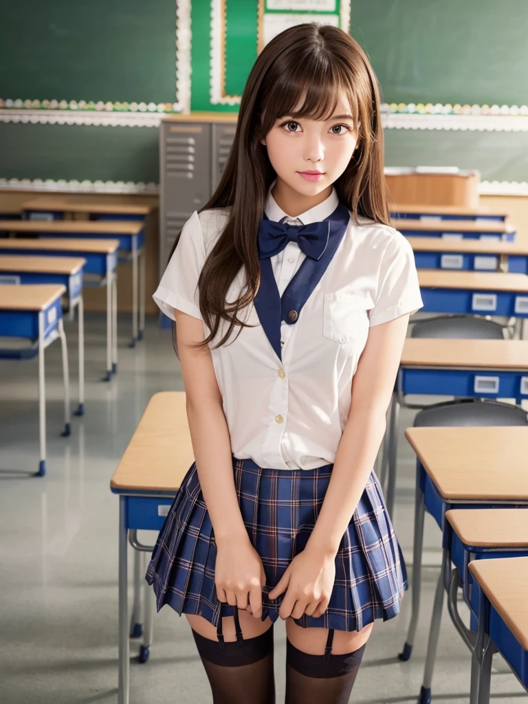 masterpiece,Highest quality,Very detailed,High resolution,(Realistic, photoRealistic:1.37),Excellent anatomy, One beautiful woman,20-year-old,height: 152 cm,high school girl,Crying a little,Idol Sculpture, high school girlの,blazer,(shape),Checkered Pleated Micro Mini Skirt,Navy blue knee-high socks,garter belt,Huge,Disheveled uniform,((Very delicate and beautiful)),((High school classroom:1.5)),((locker room:1.2)),((Schoolyard:1.2)),Brown Hair,Long Bob Hair,bangs,Very beautiful face,Cute type,Big Natural Color Lip,Small and cute nose,Big and pretty eyes,Brown eyes,Obvious double,Shiny highlight spots around the eyes,Character Focus,Tilt your head,The best light,Best Shadow,mysterious,Perfect Face,Very detailed, Soft Skin,(Glowing Skin,Sweaty:1.3),Beautiful legs,Voluptuous thighs,Plump body,Hugeな胸,(Expresses the roundness and softness of the chest area..........1), Beautiful body,(Perfect Woman),Bold sexy pose,Idol Sculptureのポーズ