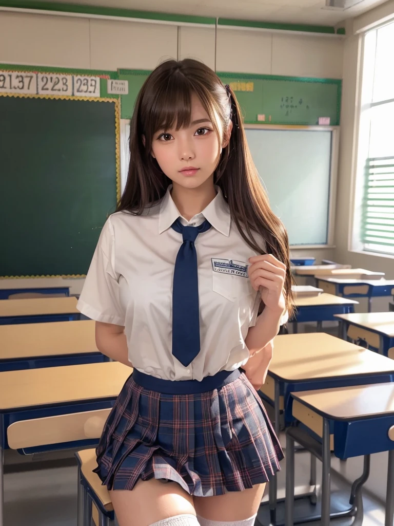 masterpiece,Highest quality,Very detailed,High resolution,(Realistic, photoRealistic:1.37),Excellent anatomy, One beautiful woman,20-year-old,height: 152 cm,high school girl,Crying a little,Idol Sculpture, high school girlの,blazer,(shape),Checkered Pleated Micro Mini Skirt,Navy blue knee-high socks,garter belt,Huge,Disheveled uniform,((Very delicate and beautiful)),((High school classroom:1.5)),((locker room:1.2)),((Schoolyard:1.2)),Brown Hair,Long Bob Hair,bangs,Very beautiful face,Cute type,Big Natural Color Lip,Small and cute nose,Big and pretty eyes,Brown eyes,Obvious double,Shiny highlight spots around the eyes,Character Focus,Tilt your head,The best light,Best Shadow,mysterious,Perfect Face,Very detailed, Soft Skin,(Glowing Skin,Sweaty:1.3),Beautiful legs,Voluptuous thighs,Plump body,Hugeな胸,(Expresses the roundness and softness of the chest area..........1), Beautiful body,(Perfect Woman),Bold sexy pose,Idol Sculptureのポーズ