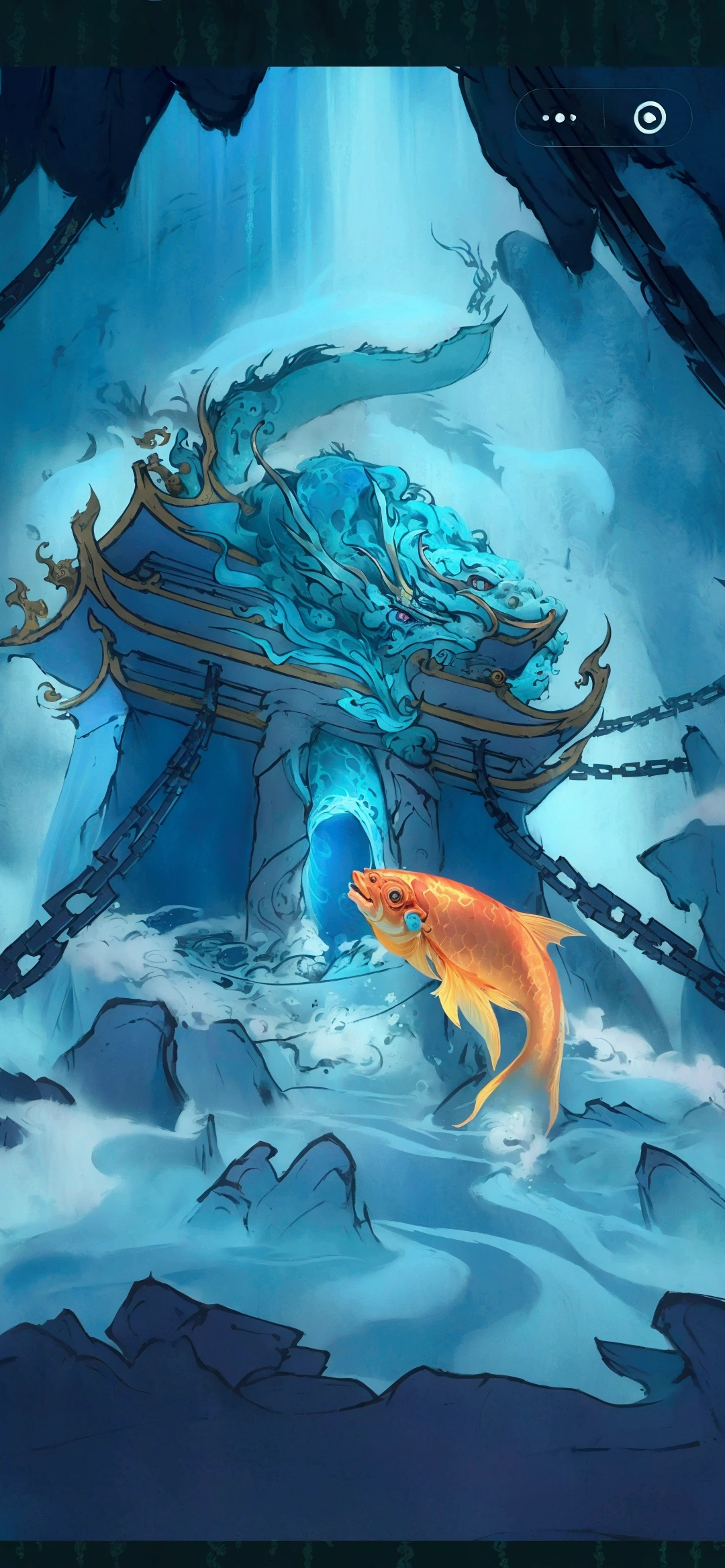 There is a fish swimming in the water, Undersea Temple with fish, Undersea Temple, Water Temple, Inspired by Li Kan, World of Warcraft art style, G Liulian art style, underWater Temple, League of Legends art style, Draw as game concept art, stylized concept art, Background artwork, Onmyoji detailed art, game illustration