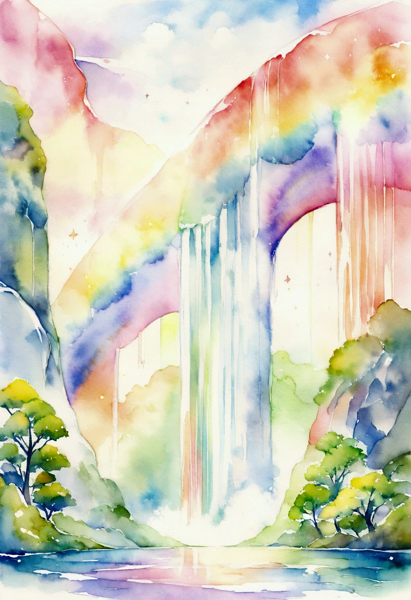Rainbow river. Big rainbow waterfall. No people. Fantasy. Watercolor.