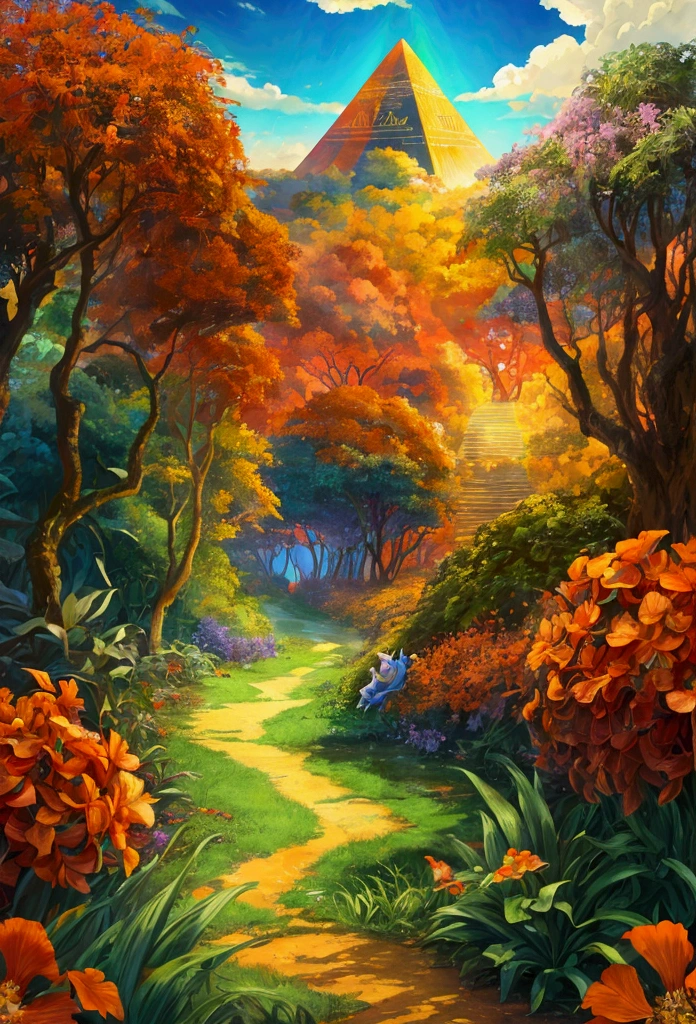 A stunning colorful Alice in Wonderland-like background. The sky is very dynamic and glowing with dramatic, fiery, detailed clouds in shades of orange and yellow, casting a warm glow over the lush, colorful jungle foliage. A winding path leads through the wildflower field towards a Mayan pyramid, creating a serene and inviting atmosphere. anime, 4k, crystal clear.