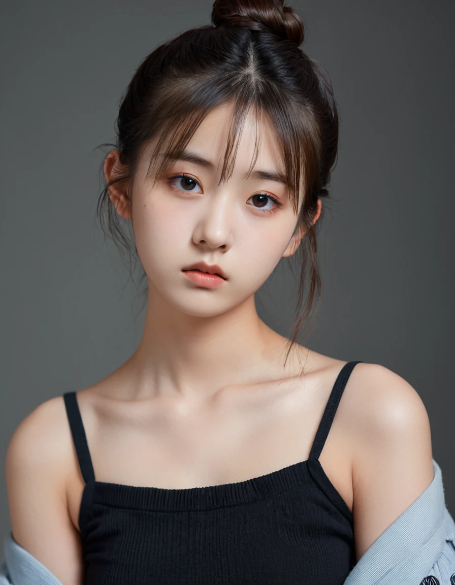solo, High resolution, Gaze, Bun Hair, Half-up hairstyle, Bun Hair, Small breasts, Slanted Eyes, Brooding face, Expressionless, Empty look, Bad mood, One girl, 14 years old, small chest, single eyelids, small eyes, korean girl, casual clothes