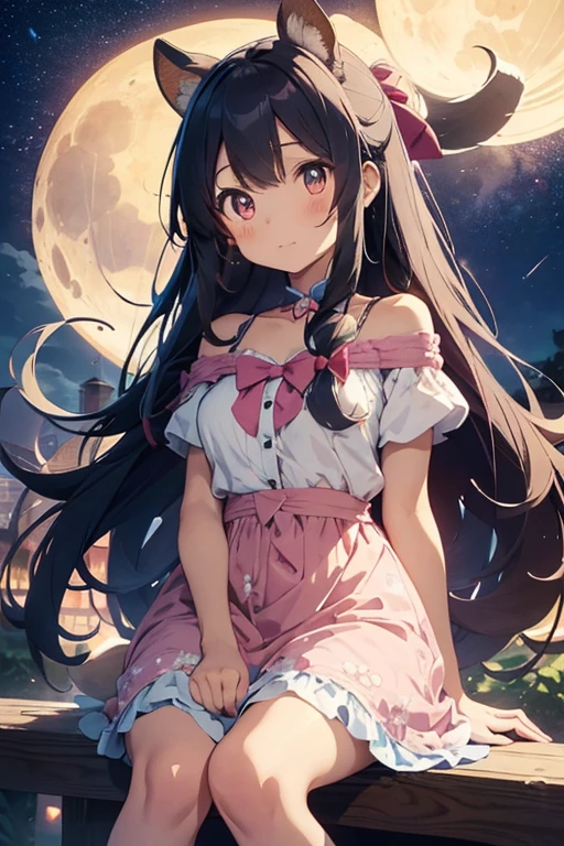 “A cute anime girl with long, curly colorful hair, that reach to the waist. She wears an elegant dress in pastel colors with floral details and wears a bow in her hair. On her shoulder sits a small talking squirrel with big eyes. In the background, sparkling stars and a gentle crescent moon can be seen in the night sky.”