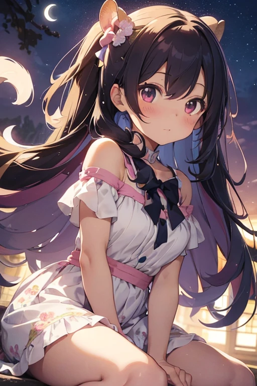 “A cute anime girl with long, curly colorful hair, that reach to the waist. She wears an elegant dress in pastel colors with floral details and wears a bow in her hair. On her shoulder sits a small talking squirrel with big eyes. In the background, sparkling stars and a gentle crescent moon can be seen in the night sky.”