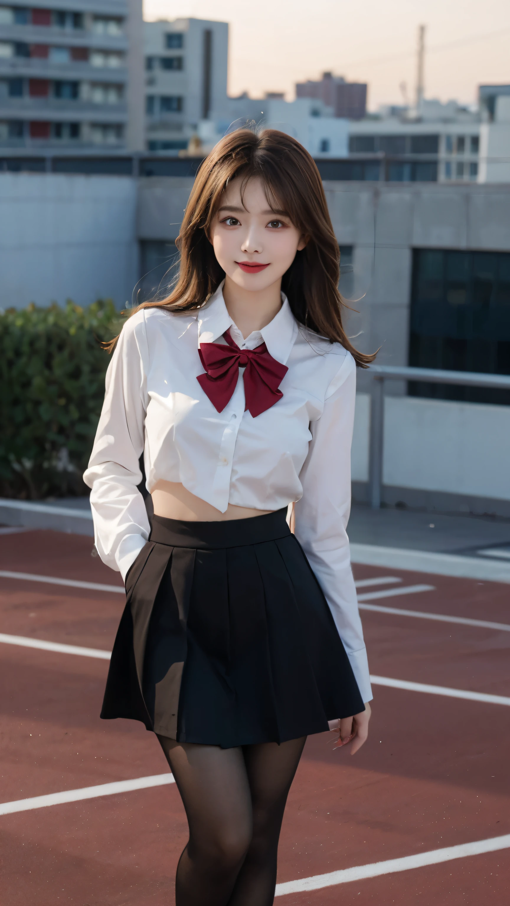 Best quality, Ultra-high resolution, Face Focus(truly:1.6),Cute hairpin,Baoyu Girl,1 Girl, Beautiful slim woman:1.4, Abdominal muscles:1.2, (Brown hair,Medium breasts:1.4), shirt:1.1, Rooftop(Depth of Field:16),Rooftop,Red sunset,Ultra-thin face,Exquisite eyes,Double eyelids,Smile,whole body,Thin legs,Long legs,Standing,Dance moves,Slender legs,I can see your thighs,White shirt,Bow tie,JK Skirt,Collar(1.8),Black translucent stockings(1.6)