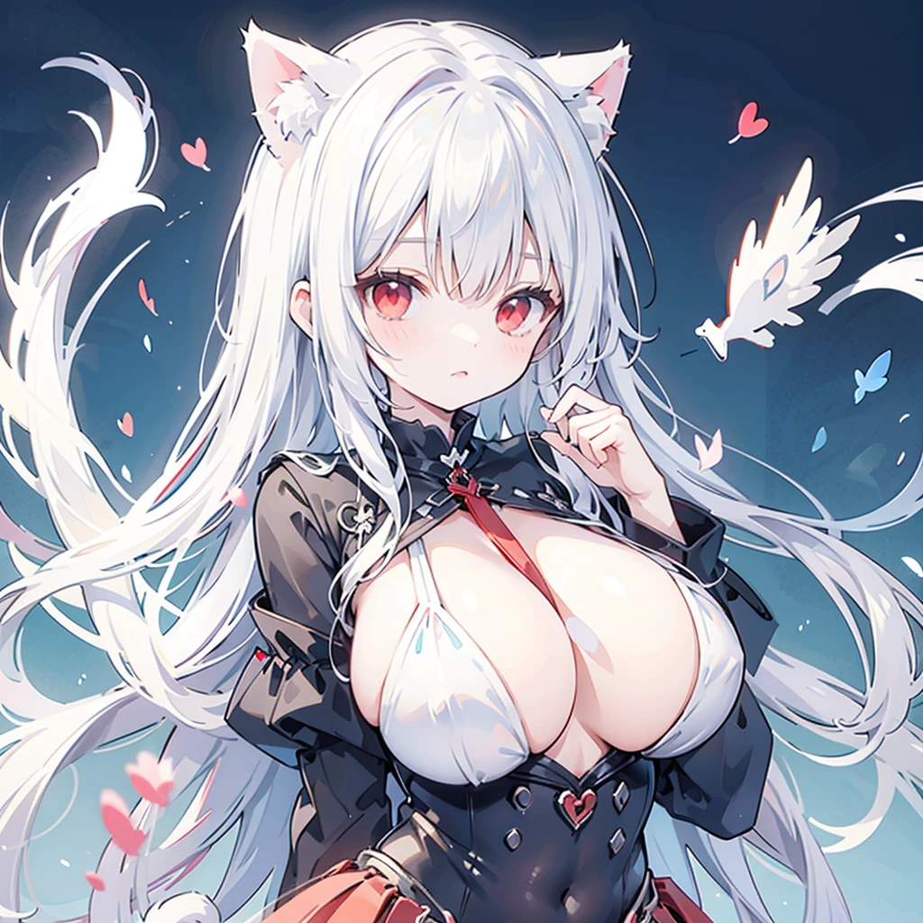 white hair，Double tail，red eyes，Cat ears，loli，Huge Breasts，cute