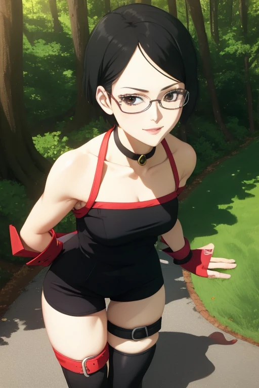 anime screencap, anime coloring, 1girl,solo,black hair,short hair,forehead protector, (dress:1.1),bare shoulders, arm warmers,( shorts:0.8), cowboy shot, glasses,red-framed eyewear, thigh holster,outdoors, forest,nature,smile,black eyes,seiza, looking up, black thighhighs, (hands on own thighs:1.3), toeless footwear,