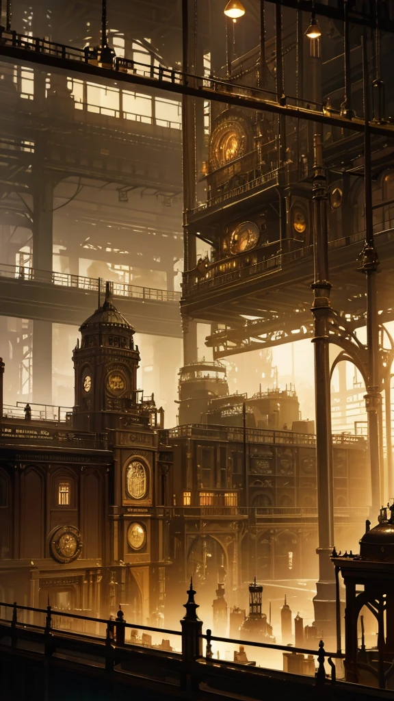 there is a large room with many lights and many tables, steampunk factory background, matt painting of steam engines, fantasy atmospheric lighting, steampunk Conceptual art, steampunk atmosphere, dramatic lighting. Conceptual art, in a steampunk laboratory, Victorian science fiction inspired, 3D, surrendered, steampunk, steampunk image theme, golden steampunk city atmosphere, Conceptual art stunning atmosphere