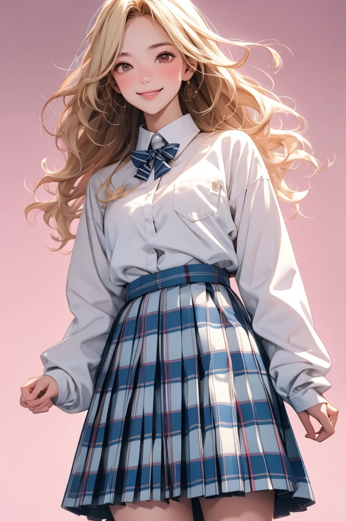 high resolution,smile,happy,light smile,woman,woman1人,adult,Clear,cute,
Blonde Hair,BREAK, Brown eyes,BREAK,wavy hair,long hair,BREAK,
high school girl,uniform,White Y-shirt,Long sleeve Y-shirt,BREAK,
Dark blue plaid skirt,Pleated skirt,BREAK,glitter hair pin,
Facing forward,BREAK,Pink background,