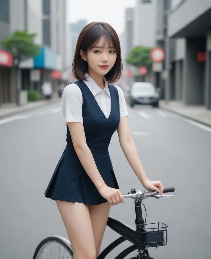 8k, photo realistic, Scores 9, 8, 7, 6, medium closeup, detailed, very sharp, vivid, solo, biking through Tokyo street, high heel, long legs, beautiful eyes, beautiful thighs, office suits, micro mini skirt, cycle basket, (((riding bicycle:1.5))), bicycle, short hair, exact front view, super low angle:1.5, going fast,  depth of field, beautiful big breasts, slender,  the most beautiful woman, double eyelid, beautiful japanese woman, 25 yo, strong wind, slim beautiful legs, sexy pantie stocking, foot on pedal, hip on saddle, up_skirt