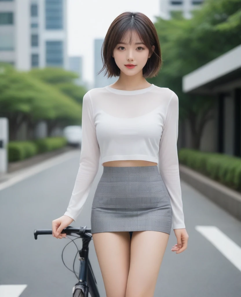 8k, photo realistic, Scores 9, 8, 7, 6, medium closeup, detailed, very sharp, vivid, solo, biking through Tokyo street, high heel, long legs, beautiful eyes, beautiful thighs, office suits, micro mini skirt, cycle basket, (((riding bicycle:1.5))), bicycle, short hair, exact front view, super low angle:1.5, going fast,  depth of field, beautiful big breasts, slender,  the most beautiful woman, double eyelid, beautiful japanese woman, 25 yo, strong wind, slim beautiful legs, sexy pantie stocking, foot on pedal, hip on saddle, up_skirt