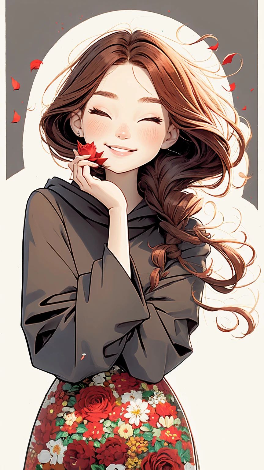 a beautiful girl with red hair holding a rose up to her face, 1girl, solo, hood, flower, holding flower, brown hair, rose, one eye closed, looking at viewer, black background, holding, long hair, hoodie, simple background, upper body, long sleeves, smile, brown eyes, red flower