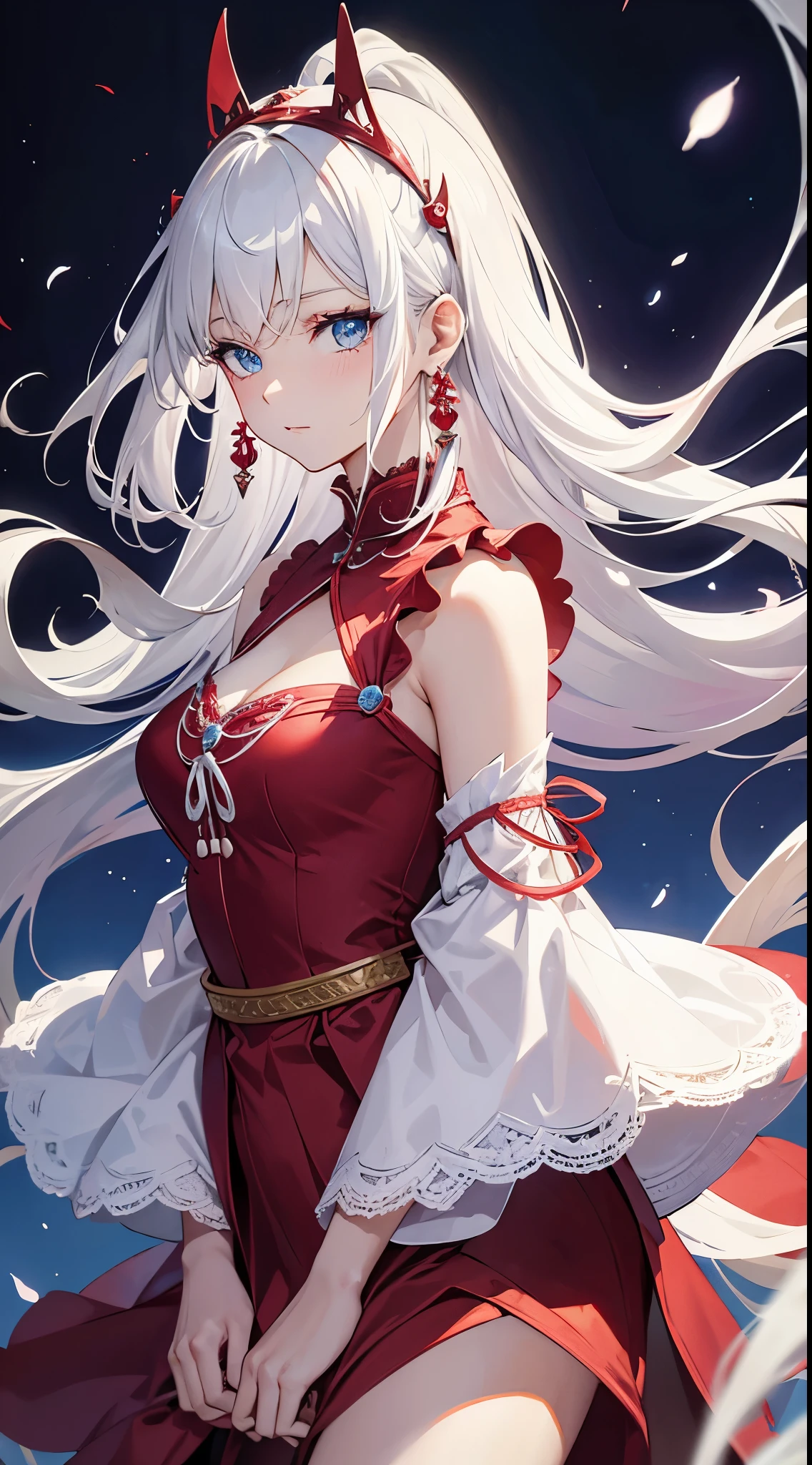 Cover Magazine, Japanese cartoons, Miss, Solitary, Long hair, White hair, blue eyes, Model, beautiful, fantasy, Red Dress, Western-style dress. Hair accessories. Unusual hairstyles. earrings. Lace dress. noble.