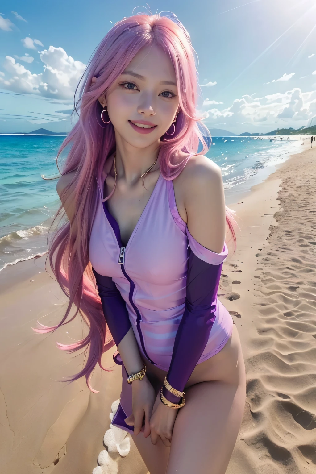 (8K, top-quality, masterpiece:1.2), (reallistic, Photorealsitic:1.37), Super Detail, One girl,), (Highly detailed), (beautifully detailed eyes), (of the highest quality), (super detailed ), (masterpiece), (Detailed face),20yr old, ,1 girl, ((pink hair,long hair)), medium breasts, clothed, Perfect Lighting, BREAK ,
(fuchsia rash guard:1.5), (magenta:1.4), (purple stripes:1.4), (purple swimsuit:1.5), (classic cut:1.3), (elegant:1.3), (sporty luxury:1.3), (lycra:1.3), (stretch fabric:1.3), (stand collar:1.3), (zipped-up:1.3), (loose fit:1.3), (fitted:1-), (gold hoop earrings:1.3), (purple bead bracelets:1.3), (clear pvc sandals:1.3), (purple sport sandals:1.3), (large purple sunglasses:1.3), (beach bag:1.3), (natural raffia:1.3), BRAKE,
(upper body to thighs:1.3), (long pink hair:1.4), (flowing waves:1.3), (mystical smile:1.3), (face turned slightly:1.3), (arms relaxed:1.3), (one hand touching rash guard sleeve:1.3), (white sandy beach:1.5), (blue ocean:1.5), (horizon:1.4), (morning light:1.4), (sunshine on sand:1.4), (soft hair lighting:1.4), BRAKE