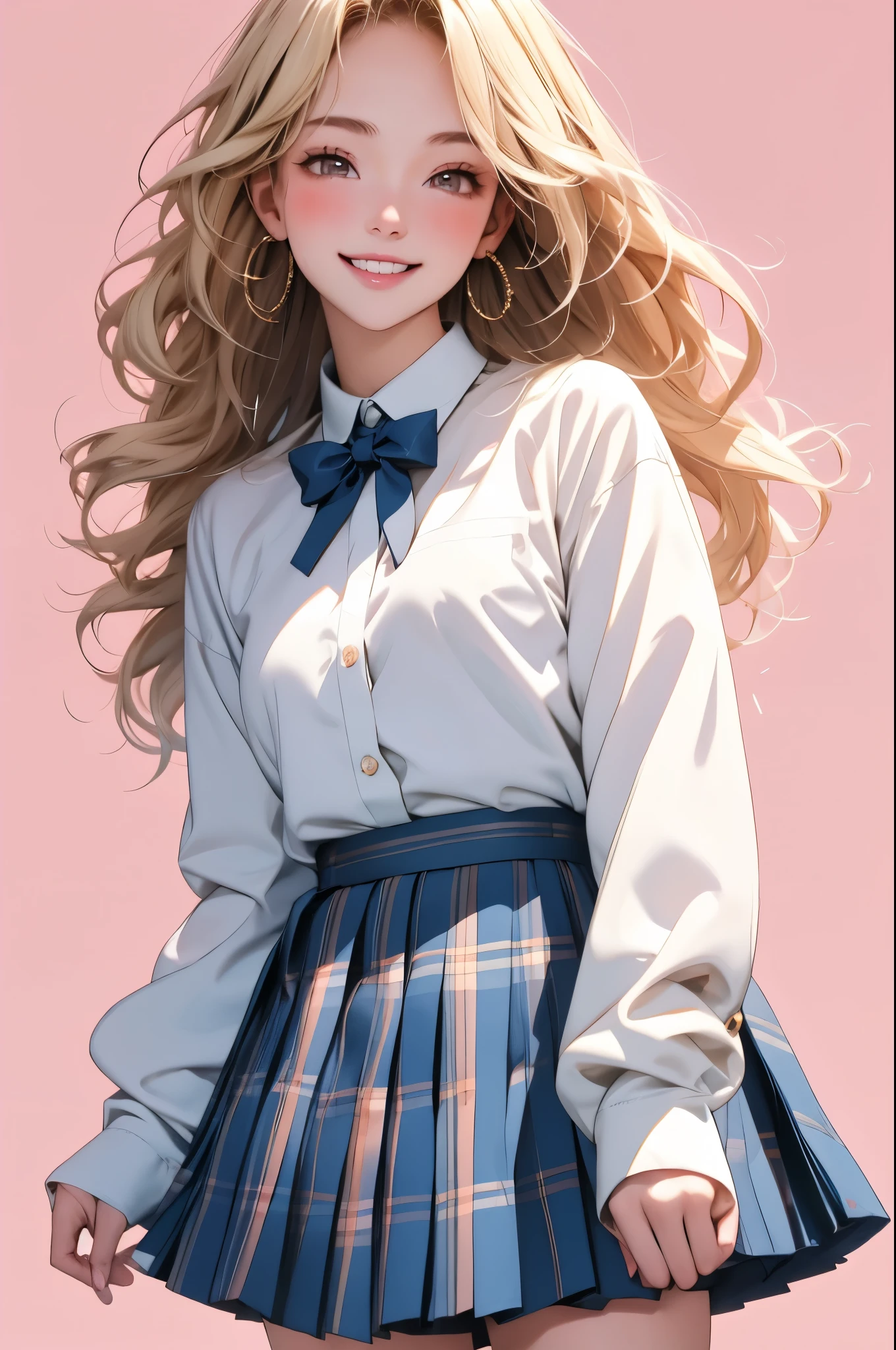 high resolution,smile,happy,light smile,woman,woman1人,adult,Clear,cute,
Blonde Hair,BREAK, Brown eyes,BREAK,wavy hair,long hair,BREAK,
high school girl,uniform,White Y-shirt,Long sleeve Y-shirt,BREAK,
Dark blue plaid skirt,Pleated skirt,BREAK,glitter hair pin,
Facing forward,BREAK,Pink background,