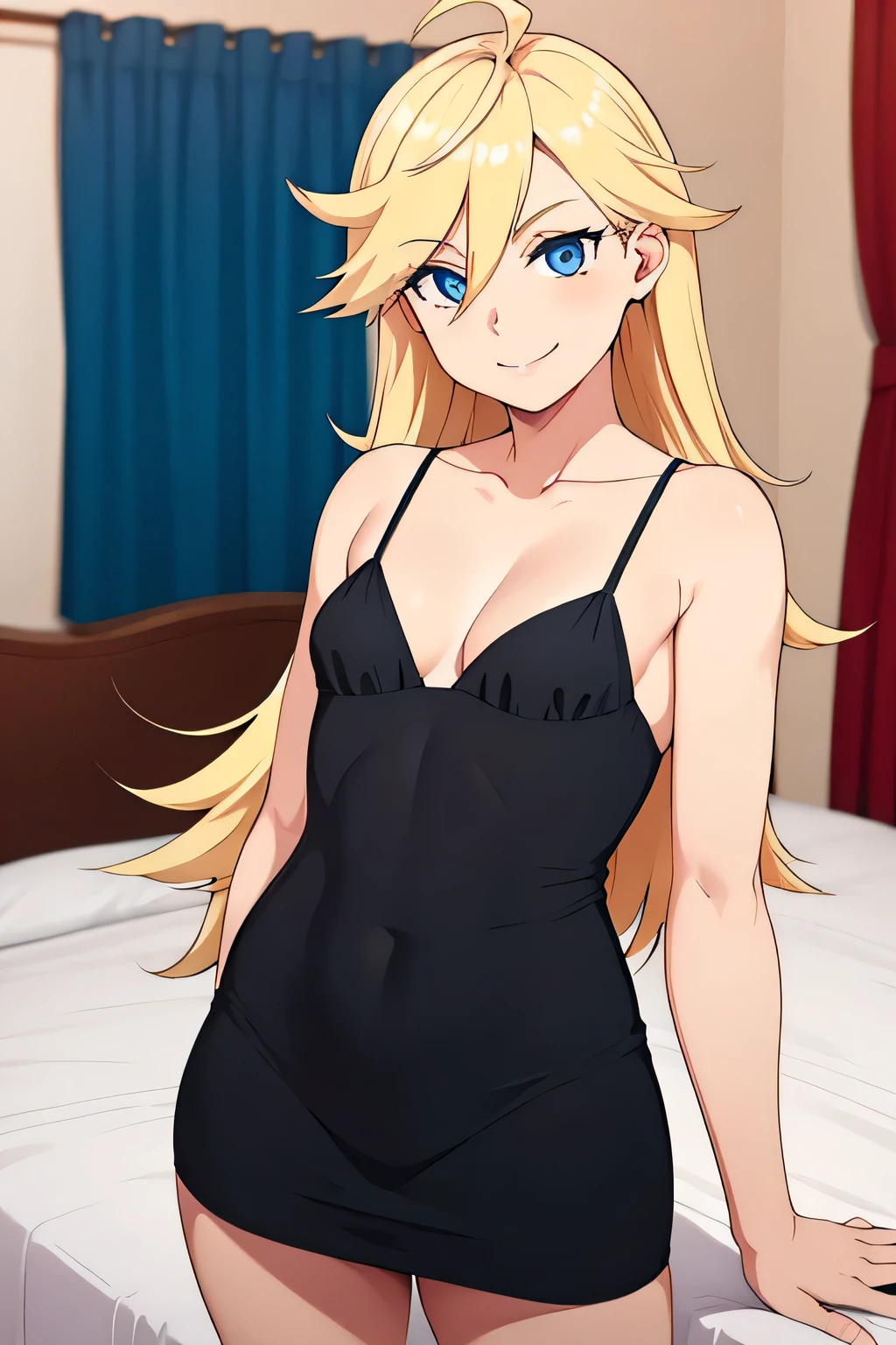 Panty, 1 girl, blonde long hair, blue eyes, skinny frame, wearing black tight silky dress, small cleavage, bedroom, posing, masterpiece, high quality , smile