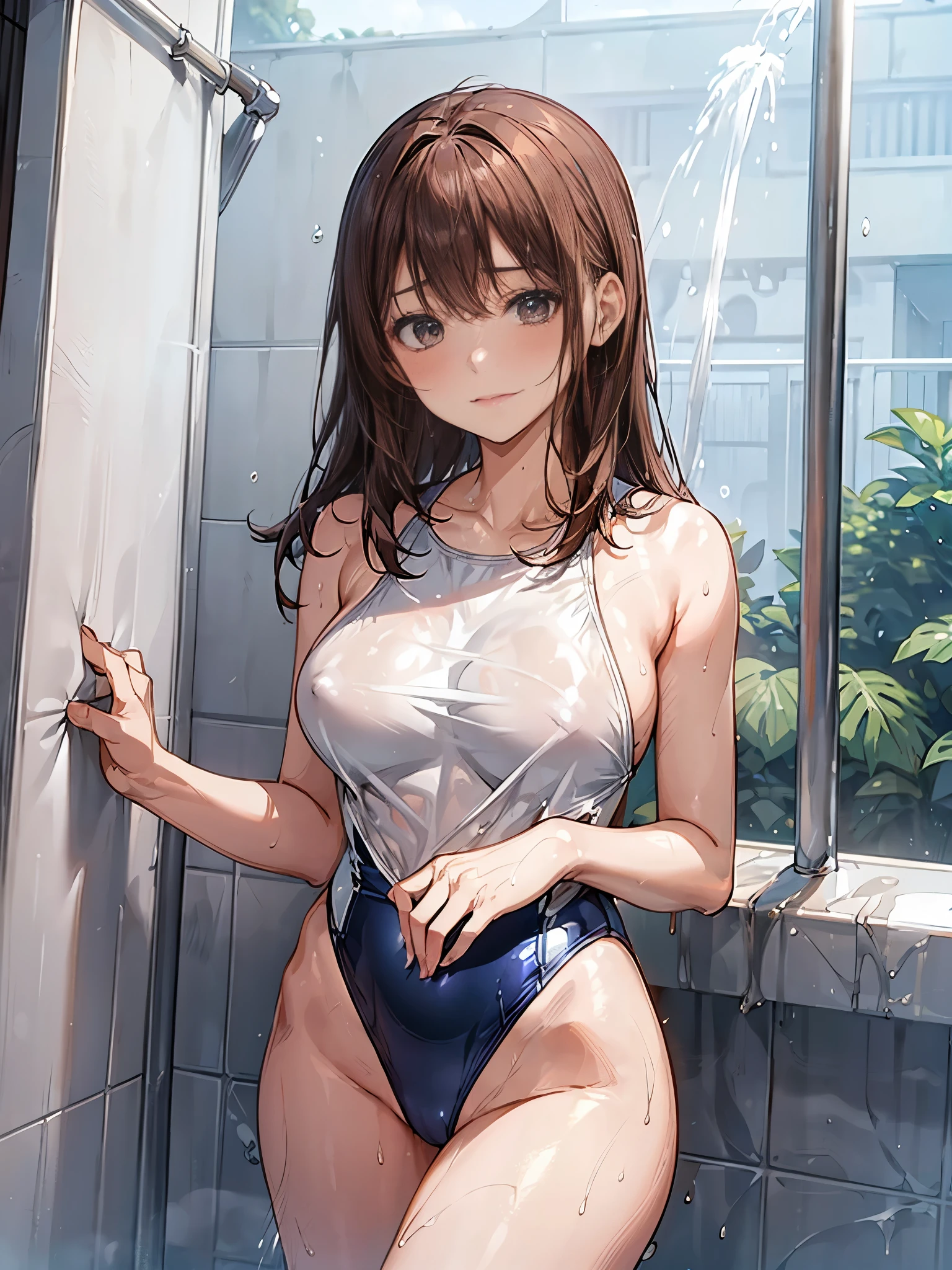 Navy and white high cut swimsuit、Swimming School Coach、Wet swimsuit、detailed, Oily and shiny skin、Shiny thighs、One beautiful woman、Big Breasts、25-year-old gravure idol、Medium brown hair、Nogizaka Idol、Sensual look、Sexy pose、White skin、Taking a shower in a luxury resort hotel bathroom