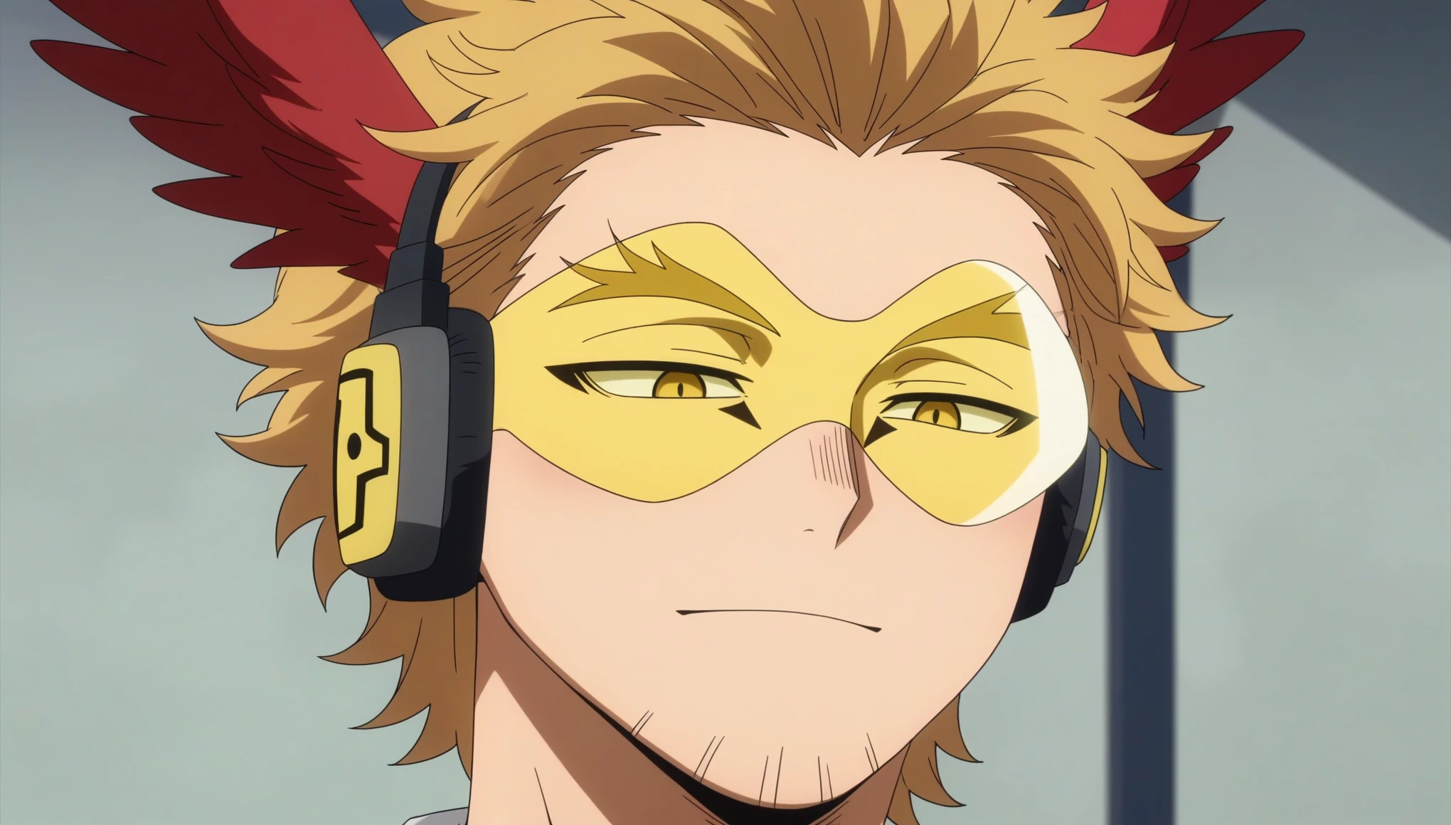score_9, score_8_up, score_7_up, source_anime, rating_safe, intricate details, anime screencap, anime coloring, official style, , , 1boy, solo, male focus, keigo_takami, blonde hair, yellow eyes, medium hair, stubble, wings, feathered wings, red wings, tinted eyewear, headphones, facial mark, ,half lidded eyes,breath bubble,blush,looking down,smirk,eyebrow raise,outside,shadow over eyes
