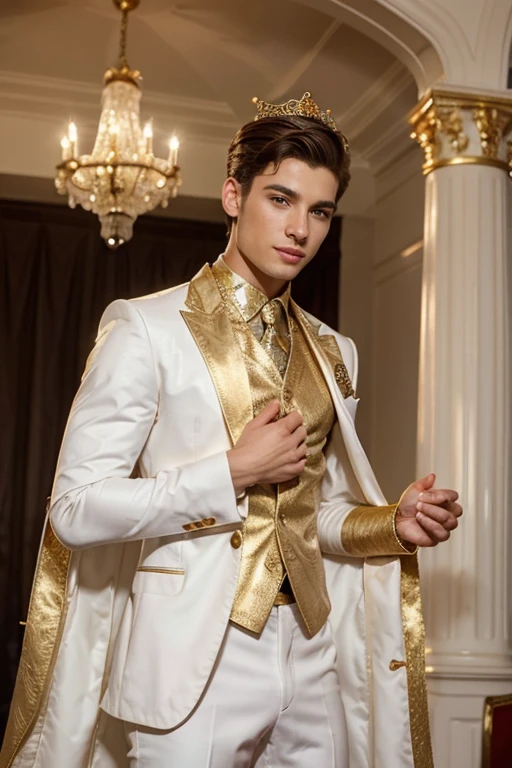 Young cute handsome man attends mister of beauty beautiful face skinny white suit and gold cape winner of crown the public applauds him and celebrates they give him a gift