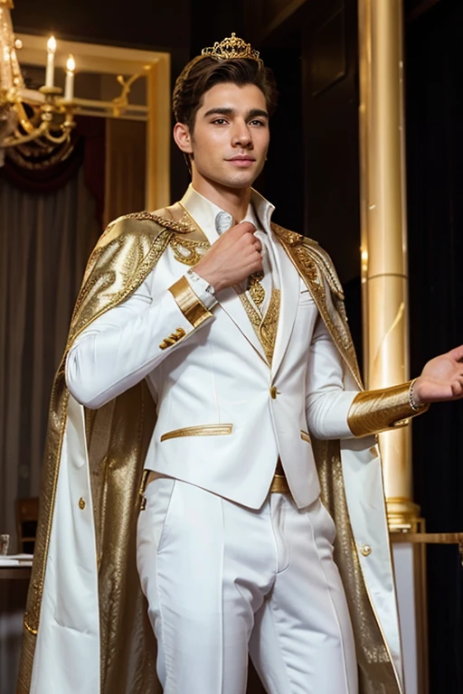 Young cute handsome man attends mister of beauty beautiful face skinny white suit and gold cape winner of crown the public applauds him and celebrates they give him a gift