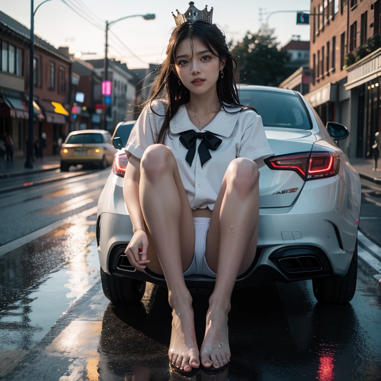 SFW, (Closeup from Crotch to Face) ExtremelyDetailed (SchoolGirl Lean against the Car) Spread Knees Up, perfect face, Brilliant(Tiny Crown), Detailed(Delicate Clothing textures) Sailor Uniform with Red Ribbon (((WhitePanties))), PerfectHand with Childish 4Fingers and one Thumb, Corrected Leg to Foot Line, ((Starry Colorful Lights at Dusk City Intersection)) ((Specular Reflection:1.32)Shiny Wet Road)Shiny Cars, ((Hidden Arm) Hidden Naked Sole) Red[High-Heels], TopQuality 8K Ultra-detailed masterpiece (ProfessionalPhoto:1.37)(Acutance:0.8)