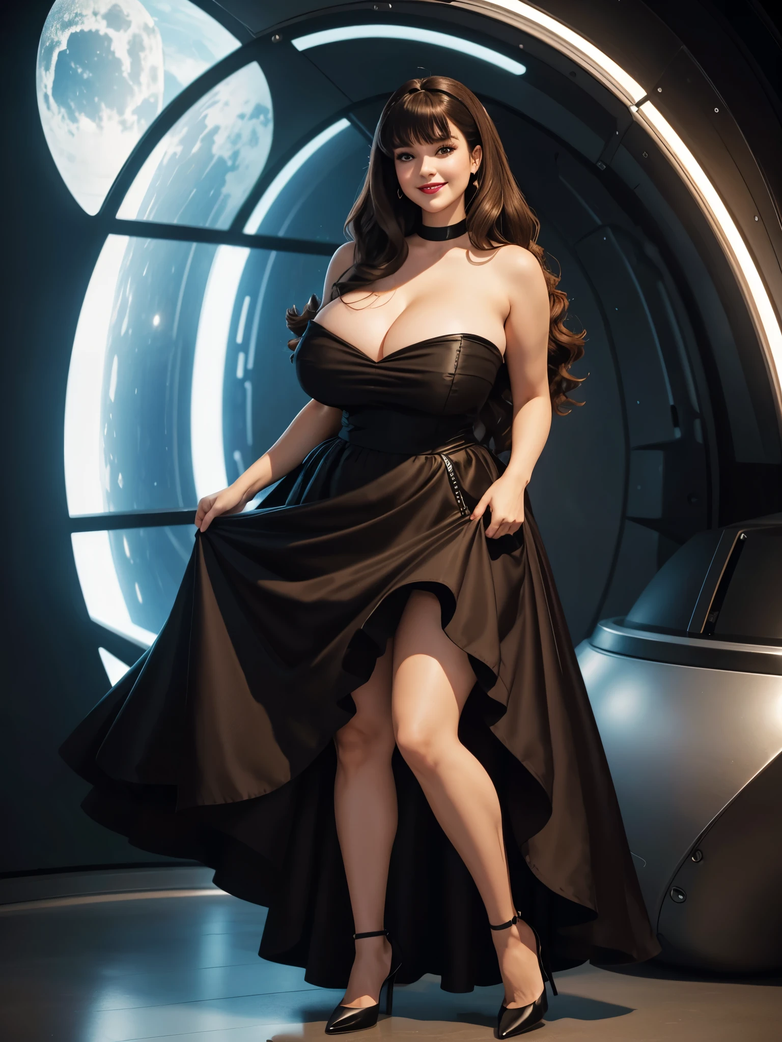 DisneyAurora, 27 years old, full body view Beautiful woman (((long wavy brown hair, hair pulled back with bangs))) defined body, voluptuous, sexy, Red lipstick, smiling, (((standing facing camera))), ((( strapless, black dress, long skirt, with matching heels))), in the observation lounge of an orbiting space station by a large picture window, (huge_breasts:1.5) (curvy:1.3)(chubby:1.1)