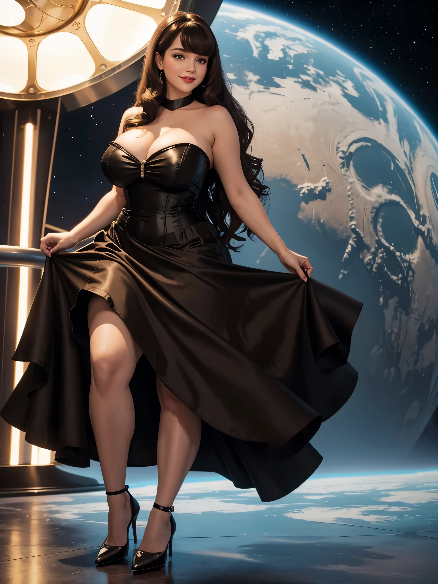 DisneyAurora, 27 years old, full body view Beautiful woman (((long wavy brown hair, hair pulled back with bangs))) defined body, voluptuous, sexy, Red lipstick, smiling, (((standing facing camera))), ((( strapless, black dress, long skirt, with matching heels))), in the observation lounge of an orbiting space station by a large picture window, (huge_breasts:1.5) (curvy:1.3)(chubby:1.1)