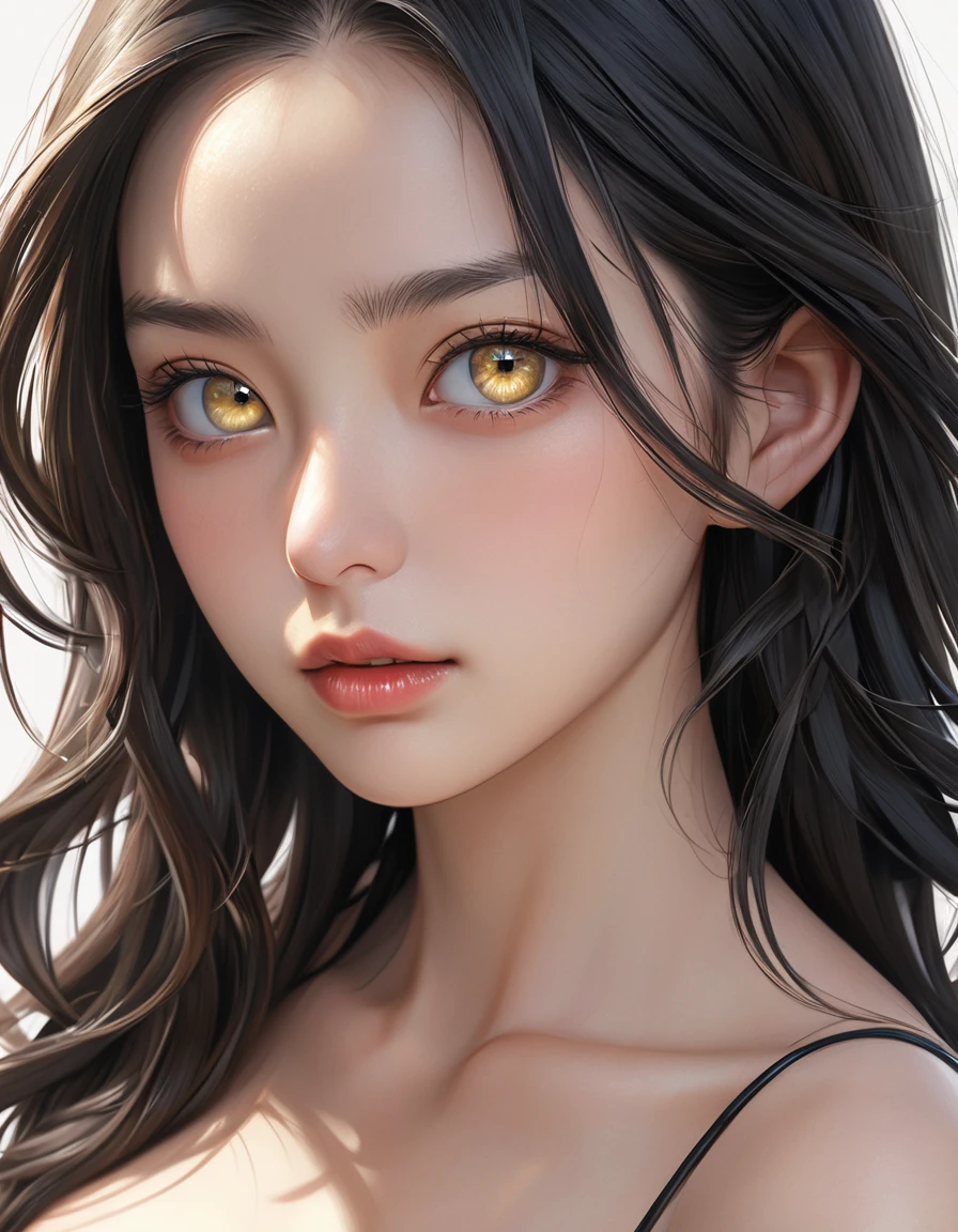 (hyper-realistic, photorealistic:1.495), (illustration), (high resolution), (8K), (extremely detailed), (best illustration), (beautiful detailed eyes), (best quality), (ultra-detailed), (masterpiece), (wallpaper), (natural light), (rim lighting), (detailed face), (high detailed realistic skin texture), (anatomically correct), (solo), (1 girl), (high detailed realistic hair), (shiny black hair:1.35), (hetero-chromic eyes), (detailed eyes), (light yellow eyes:1.37), (sparkling eyes), (realistic supple big breasts:1.5), (exposed nipples breasts:1.35), (long legs), (slender abs), (dynamic pose), (closed tiny mouth:1.3), (nsfw), (concentrated expression), (topless), (Italian woman, K-pop idol, J-pop idol)
