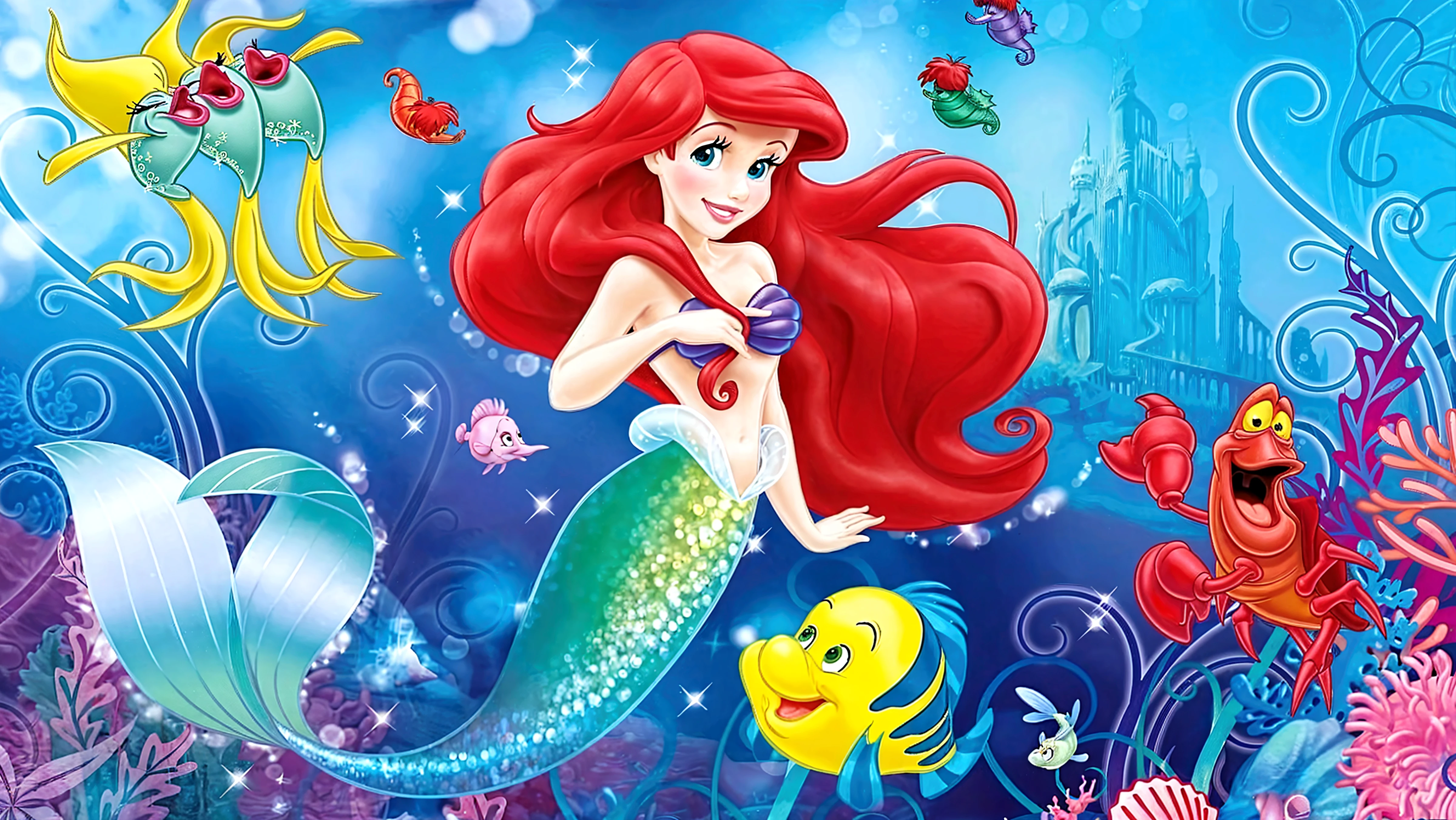 sereia no fundo do mar com peixes e geleias, Princesa Ariel, ariel a pequena sereia, little sereia, little mermaid magical kingdom, a pequena sereia, beautiful sereia, sereia, Emma Watson as a serious, ariana grande as a sereia, Emma Watson then be serious, uma sereia no mar, estilo de arte da Disney, da Disney, princesa da Disney, sereia body