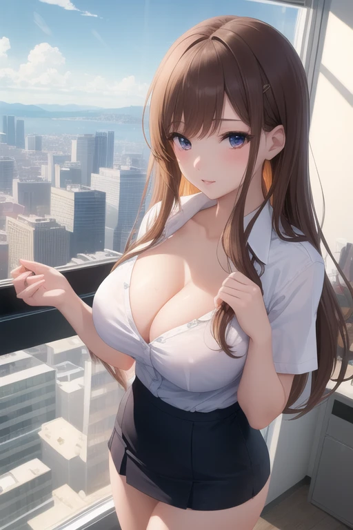 ((best quality)), ((masterpiece)), (detailed), anime girl in office uniform 25 years old, big breasts, neckline en un paisaje de una oficina lujosa, neckline, mini skirt, ((views)),((view from above))