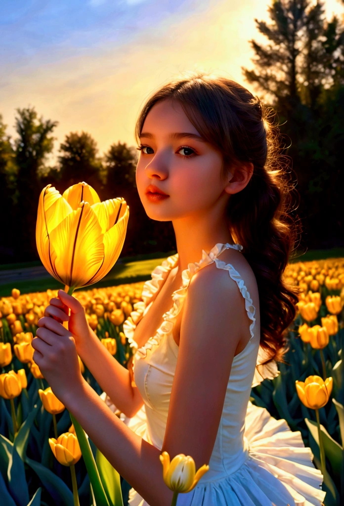 fantasy, (best quality), (very good), (masterpiece), illustration, (Young person), Girl holding a large tulip stem floating in the sky, playfulness, Naughty boy,