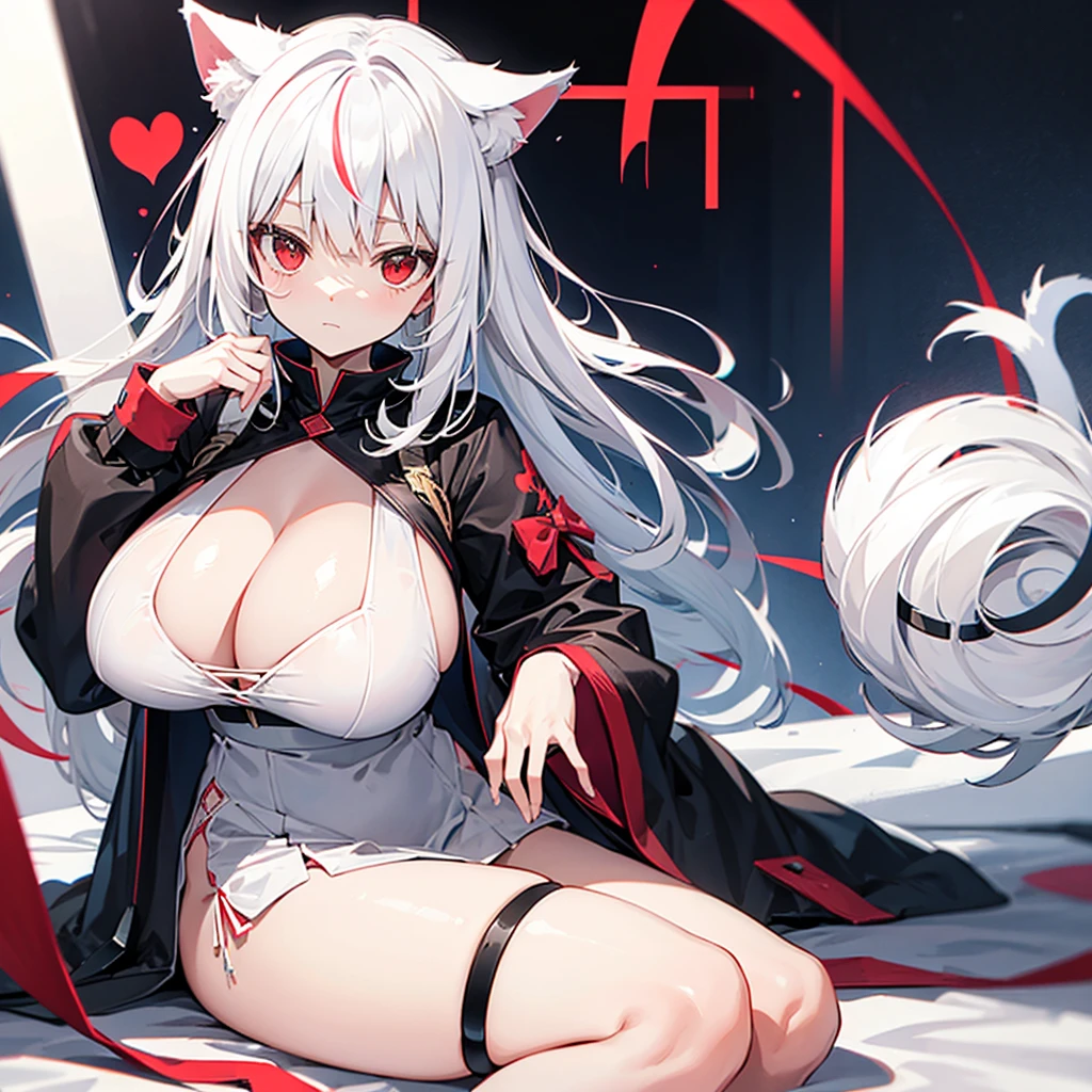 white hair,Double tail,red eyes,Cat ears,,Huge Breasts,cute