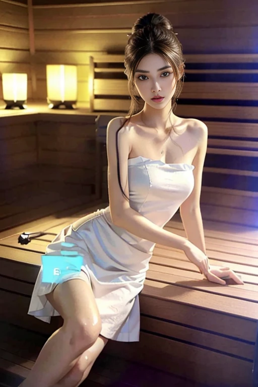 ((Shoulder-length straight hair)),((Hair Bun)),Extremely detailed CG),(((8K))),wallpaper,((Extremely exquisite and beautiful)),(((masterpiece))),(((Best quality))),(((超high resolution))),Beautiful light，Perfect Lightning,Realistic shadows，[high resolution],(Smooth and flawless fair skin:1.5),Extremely delicate facial details,Extremely detailed,A girl,Solitary,Small head,Small face,Clear face,Exquisite makeup,(In the changing room of a public bathroom:1.2),(Standing next to the closet:1.3),(many women's cloThing hanging in the wardrobe:1.3),(lol:1.2),(Perfect body:1.1),Small Breasts,flat chest,Slim,Thin,Bare back,Long legs,(From the front:1.2),Day scene,Dim Lights,(Japanese classical interior decoration style),(sauna:1.5), (whole body:1.3),  (photography:1.2),(Movie Lighting, Very detailed illustrations), (A very detailed face, Super beautiful face, Extremely delicate eyes, Extremely delicate nose, extremely detail mouth, Extremely detailed body, Hip details, Thigh details), cleveage,(Long skirt made from fine terry fabric:1.3, Strapless), (Heavy sweating:1.3), (Sit on a wooden bench), slouch,Light and Shadow
