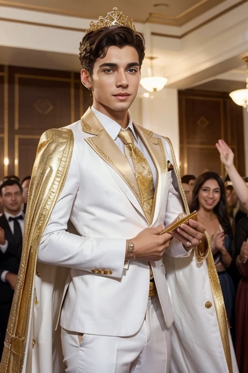 Young cute handsome man attends mister of beauty beautiful face skinny white suit and gold cape winner of crown the public applauds him and celebrates they give him a gift hlanco lindo