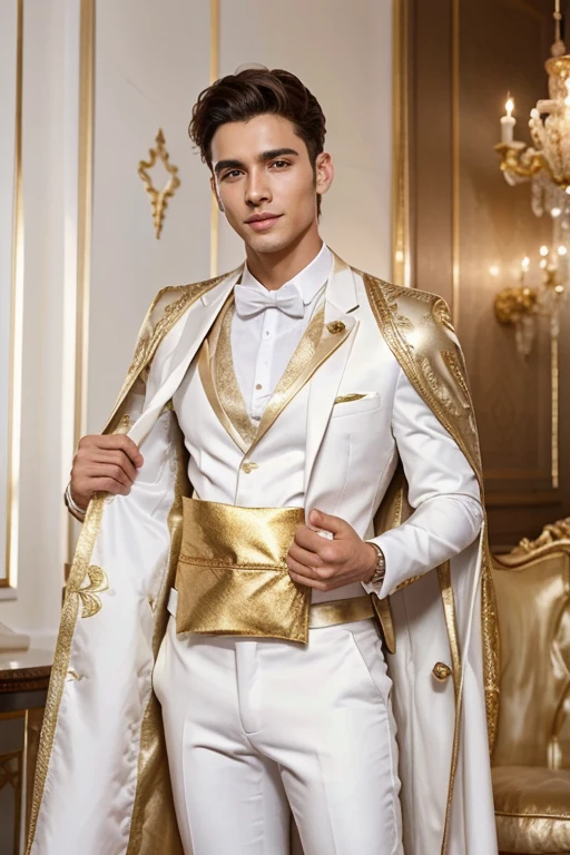 Young cute handsome man attends mister of beauty beautiful face skinny white suit and gold cape winner of crown the public applauds him and celebrates they give him a gift hlanco lindo