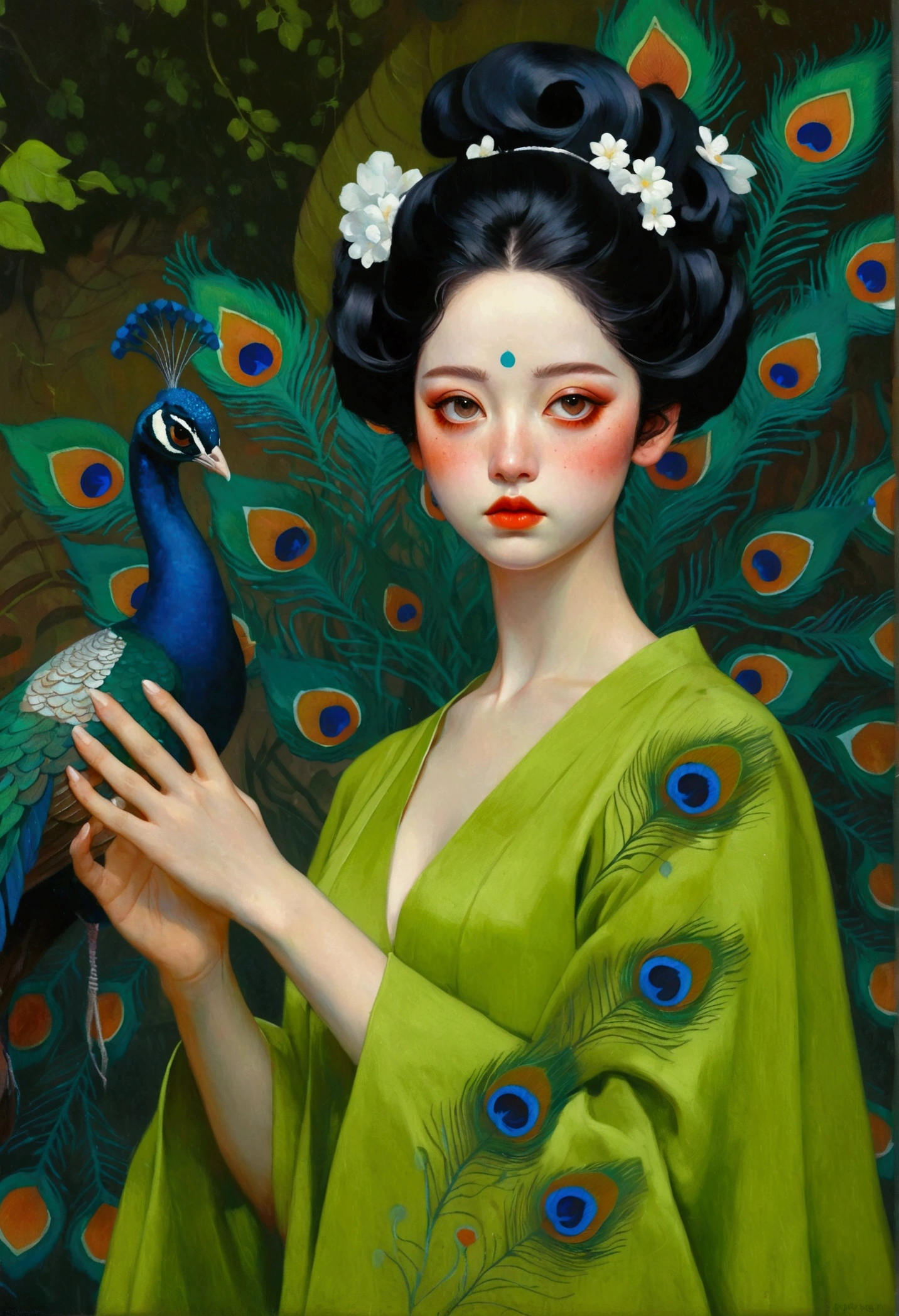 A woman in a green dress in the painting,A peacock perched on his shoulder, Tom Bagshaw Donato Giancora, Natalie Shaw Tom Bagshaw, Artgerm and Tom bAgshAw, Beautiful character painting, Artgerm Julie Bell Beeple, Chie Yoshii, Art Jam and James Jean, Art by Tom Bagsha, tom bagshaw style